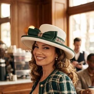 vintage Wide-Brim Straw Hat with Dark Green Bow.